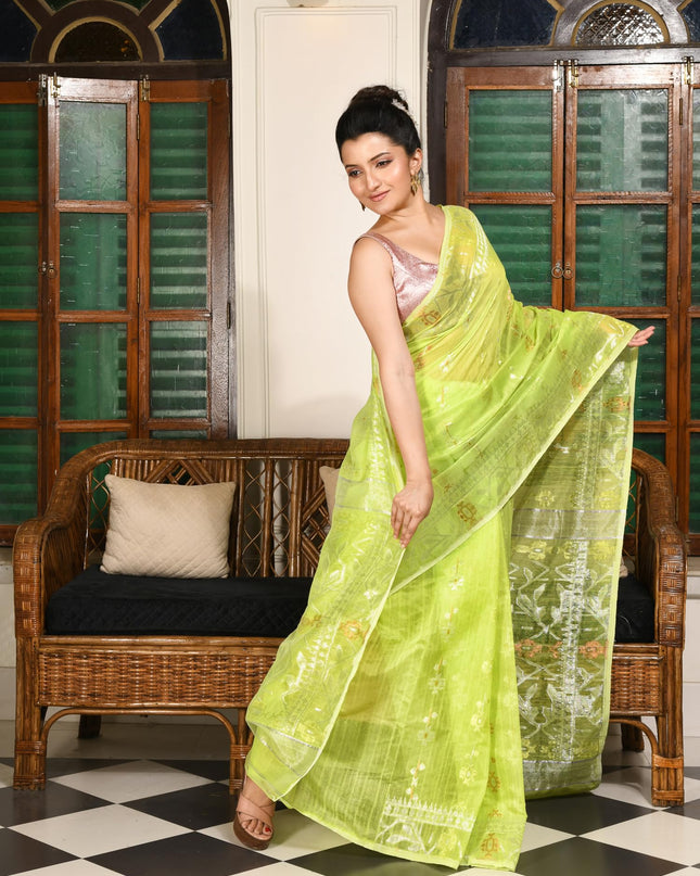 dB DESH BIDESH Women's Soft Cotton Silk Jamdani Sarees For Women for Party, Wear Linen Silk Saree Zarikatha Design Cotton saree for woman Without Blouse piece (Lemon Green)