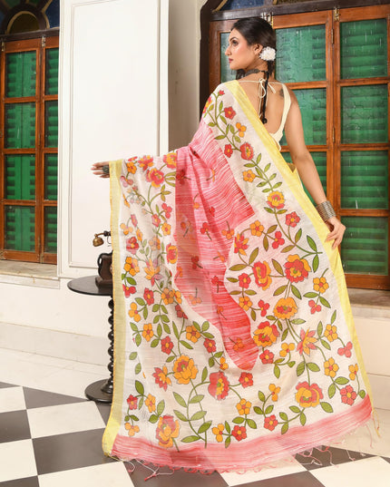 dB DESH BIDESH Women`s Cotton Saree For Woman Latest, Phoolbagan Printed Trendy Soft Cotton Silk Women Sarees with Blouse Piece (Red White)
