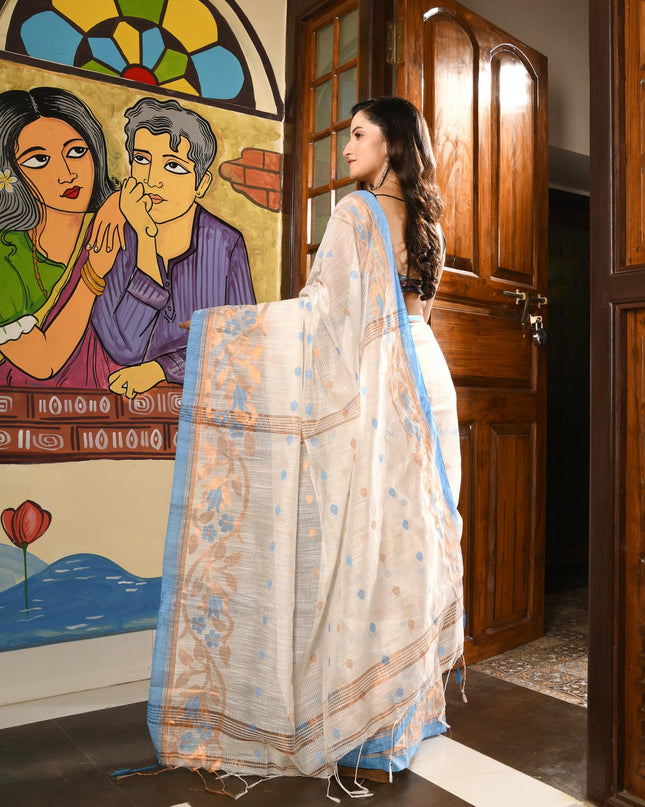 dB DESH BIDESH Women`s Cotton Silk Saree with Gold Zari Floral Woven Svarna Lata Design Soft Modal Silk Women Saree With Blouse Piece | Sari for women (White)