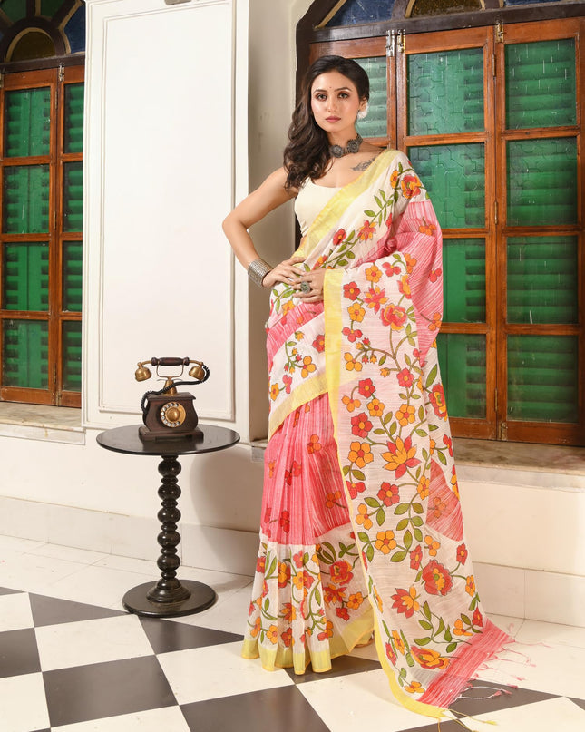 dB DESH BIDESH Women`s Cotton Saree For Woman Latest, Phoolbagan Printed Trendy Soft Cotton Silk Women Sarees with Blouse Piece (Red White)