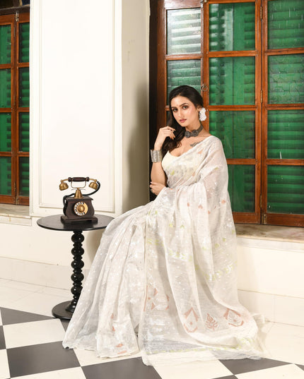 dB DESH BIDESH Women's Soft Cotton Silk Jamdani Sarees For Women for Party Festival Wedding Silk Saree GlamQueen Gold Work Design Without Blouse piece (White Saree)