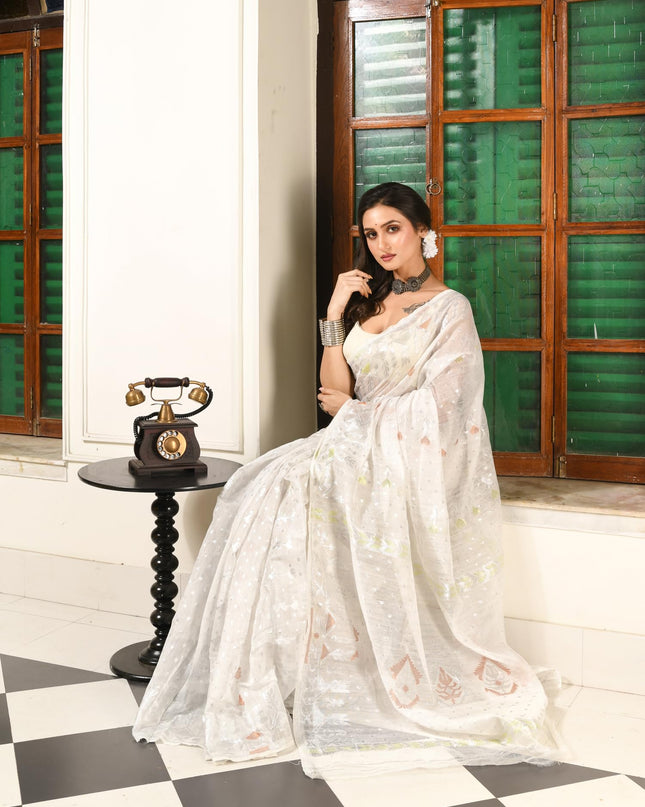 dB DESH BIDESH Women's Soft Cotton Silk Jamdani Sarees For Women for Party Festival Wedding Silk Saree GlamQueen Gold Work Design Without Blouse piece (White Saree)