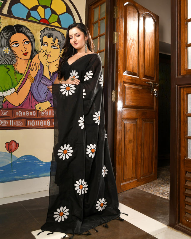 dB DESH BIDESH Women`s Mul Cotton Sarees Soft Fancy Phoolpari Latest, Design Party, Wear Cotton New Linen Saree For Woman With Blouse Piece (Black)