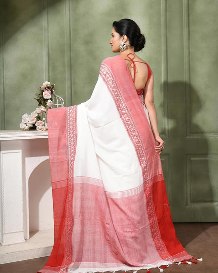 dB DESH BIDESH Women`s Soft Cotton Saree For Women Lal Pallavi Design Red White Bengal Festival Pure Handloom Cotton silk saree for woman With Blouse Piece