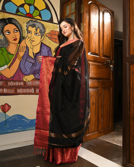 dB DESH BIDESH Women's Soft Cotton Linen Saree For Woman Kolkamoyee Trendy festival Silk Saree For Wedding Banarasi Style Pallu Sari With Blouse Piece (Black)
