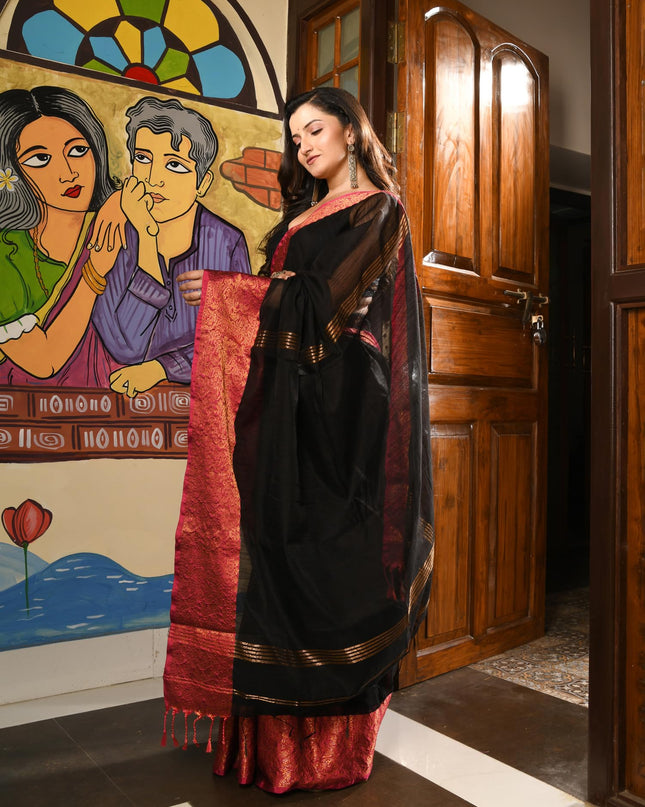dB DESH BIDESH Women's Soft Cotton Linen Saree For Woman Kolkamoyee Trendy festival Silk Saree For Wedding Banarasi Style Pallu Sari With Blouse Piece (Black)