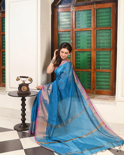 dB DESH BIDESH Women`s Cotton Silk ajrakh Saree with Gold Zari Border RoopZari Trendy Cotton Soft Silk Saree | Saree for Woman (Peacock Blue)
