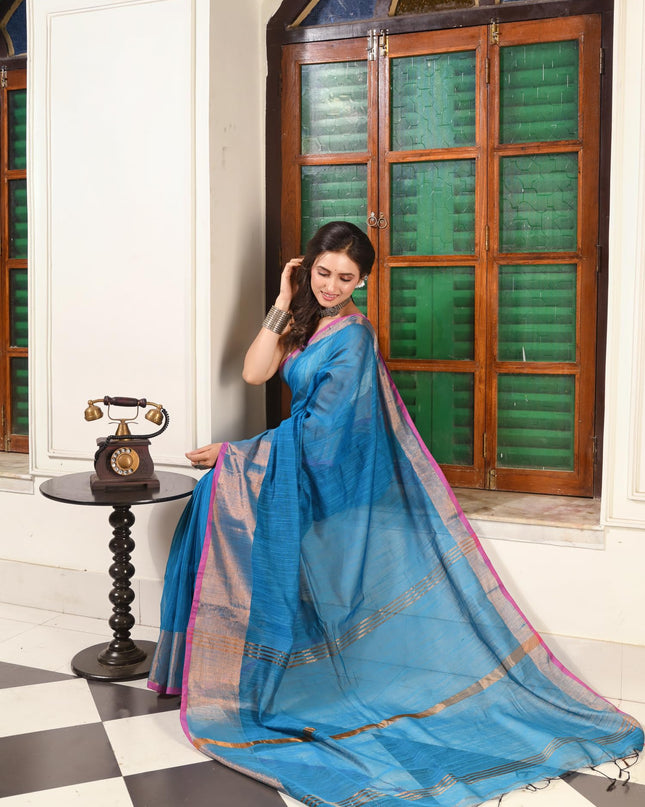 dB DESH BIDESH Women`s Cotton Silk ajrakh Saree with Gold Zari Border RoopZari Trendy Cotton Soft Silk Saree | Saree for Woman (Peacock Blue)