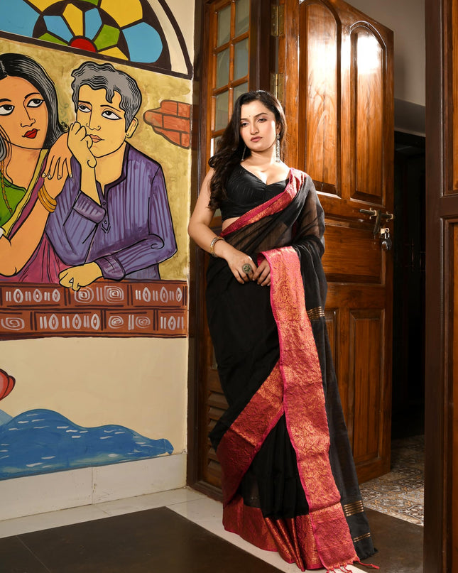 dB DESH BIDESH Women's Soft Cotton Linen Saree For Woman Kolkamoyee Trendy festival Silk Saree For Wedding Banarasi Style Pallu Sari With Blouse Piece (Black)