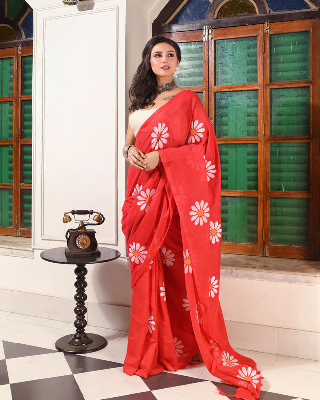 dB DESH BIDESH Women`s Mul Cotton Sarees Soft Fancy Phoolpari Latest, Design Party, Wear Cotton New Linen Saree For Woman With Blouse Piece (Red)