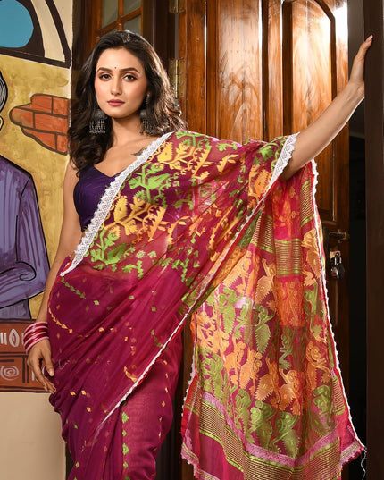 dB DESH BIDESH Women's Cotton Silk Soft Jamdani Saree Fancy Lace Border Jamdani Sarees For Women Without Blouse Piece