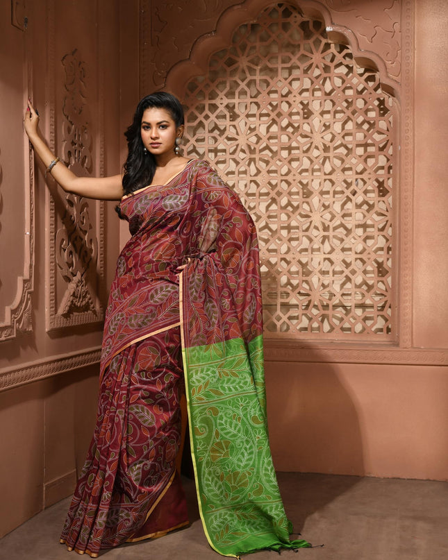 dB DESH BIDESH Women`s Cotton Saree For Woman Nakshakata Flower Kolka Leaf Embroidery Printed Trendy Soft Cotton Silk Women Sarees with Blouse Piece (Reddis Brown Green)