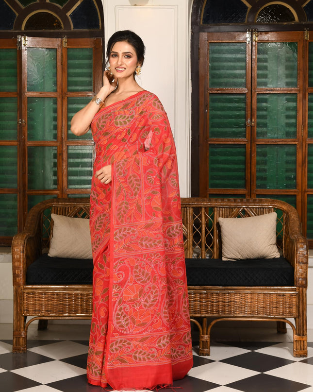 dB DESH BIDESH Women`s Cotton Saree For Woman Nakshakata Leaf kolka Embroidery Printed Trendy Soft Cotton Silk Women Sarees with Blouse Piece (RED)