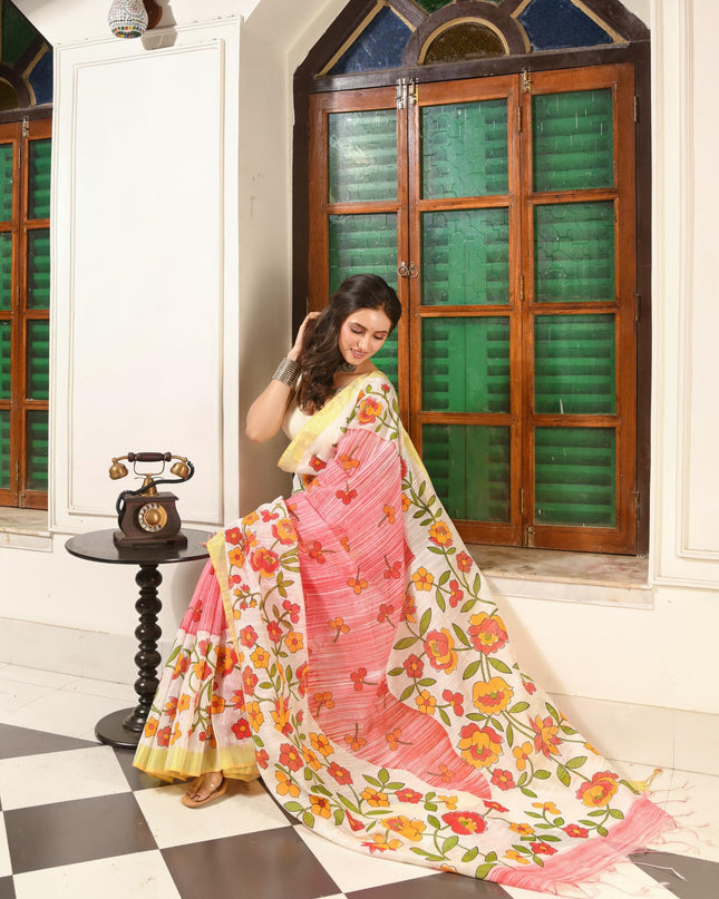 dB DESH BIDESH Women`s Cotton Saree For Woman Latest, Phoolbagan Printed Trendy Soft Cotton Silk Women Sarees with Blouse Piece (Red White)