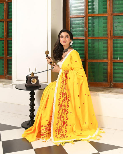 dB DESH BIDESH Women`s Cotton Saree For Woman Pallavika Embroidery Saree Design Soft Cotton Silk Fancy Lace Border Saree with Blouse