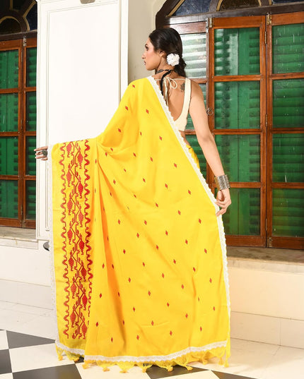 dB DESH BIDESH Women`s Cotton Saree For Woman Pallavika Embroidery Saree Design Soft Cotton Silk Fancy Lace Border Saree with Blouse