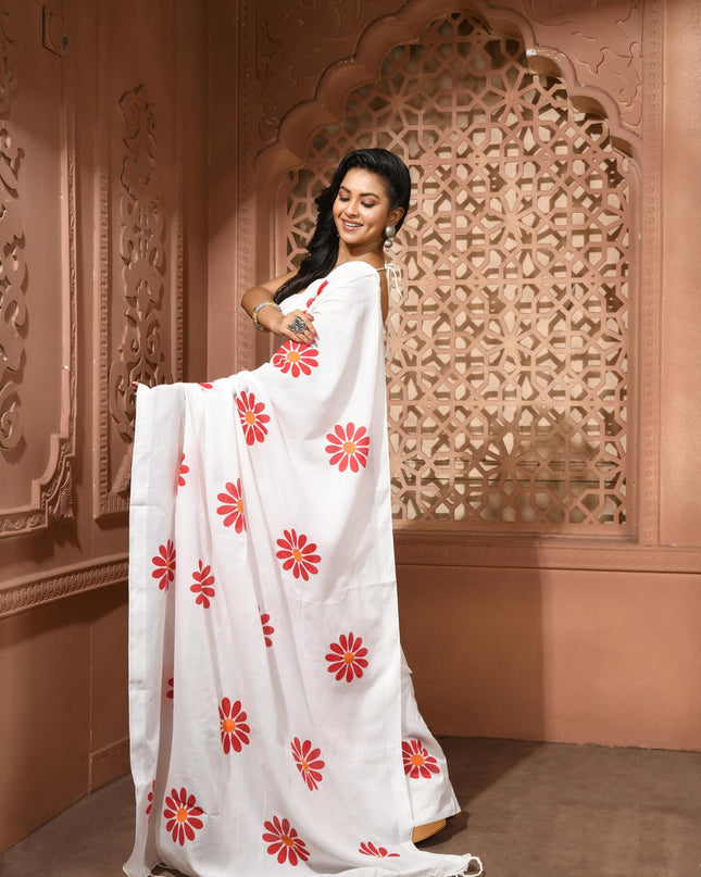 dB DESH BIDESH Women`s Mul Cotton Sarees Soft Fancy Phoolpari Latest, Design Party, Wear Cotton New Linen Saree For Woman With Blouse Piece (White)