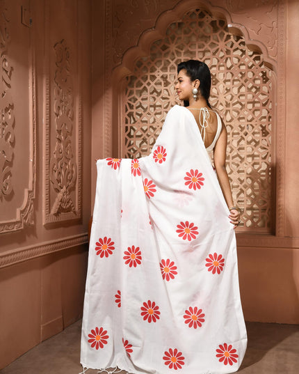 dB DESH BIDESH Women`s Mul Cotton Sarees Soft Fancy Phoolpari Latest, Design Party, Wear Cotton New Linen Saree For Woman With Blouse Piece (White)