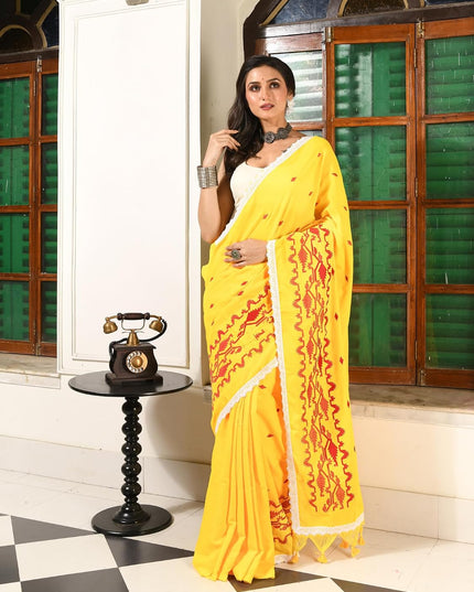 dB DESH BIDESH Women`s Cotton Saree For Woman Pallavika Embroidery Saree Design Soft Cotton Silk Fancy Lace Border Saree with Blouse