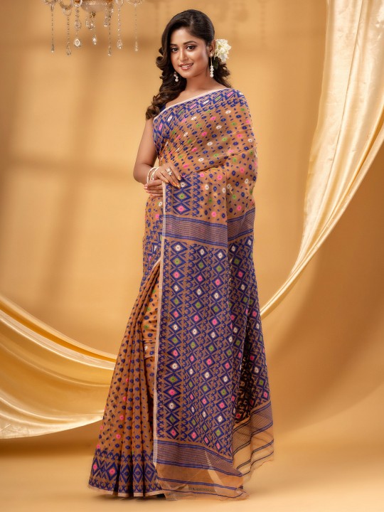 Exquisite Orange & Blue Pure Cotton Jamdani Saree with Woven Design Border