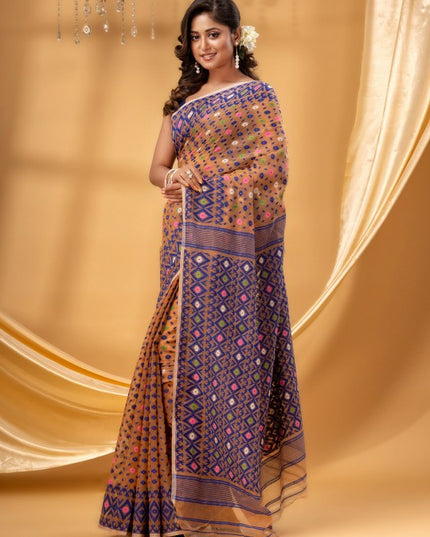Exquisite Pure Cotton Jamdani Saree: Orange & Blue Woven Design for Women
