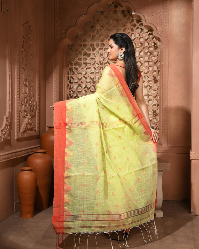 dB DESH BIDESH Women`s Cotton Silk Saree For Woman Pahar Pallav Design New Soft Kalyani Cotton Saree with Zari Border Tassels & Blouse Piece (Yellow Red)