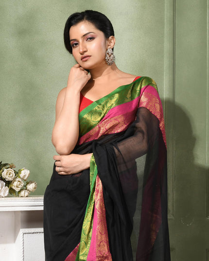 dB DESH BIDESH Women's Kanjivaram Soft Cotton Linen Silk Saree Rajrani Design Latest, Fancy South India Style Saree With Blouse Piece (Black Saree)