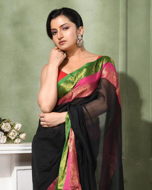 dB DESH BIDESH Women's Kanjivaram Soft Cotton Linen Silk Saree Rajrani Design Latest, Fancy South India Style Saree With Blouse Piece (Black Saree)