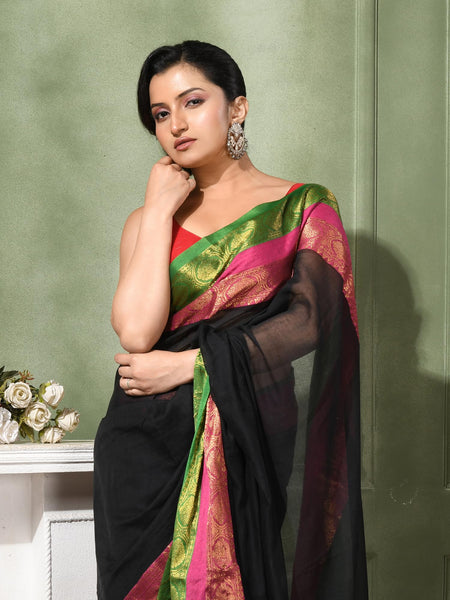 dB DESH BIDESH Women's Kanjivaram Soft Cotton Linen Silk Saree Rajrani Design Latest, Fancy South India Style Saree With Blouse Piece (Black Saree)