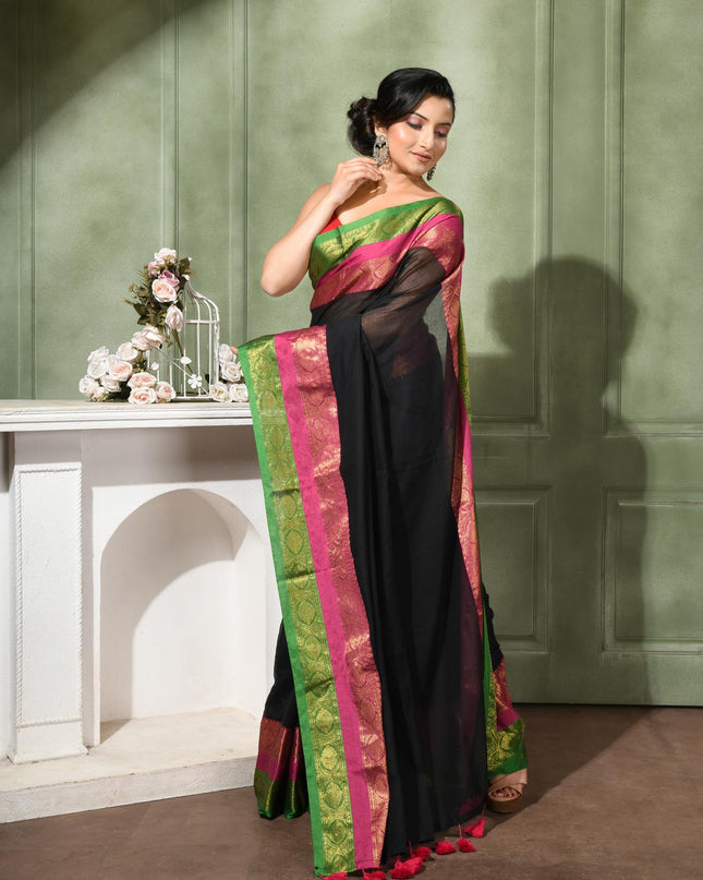 dB DESH BIDESH Women's Kanjivaram Soft Cotton Linen Silk Saree Rajrani Design Latest, Fancy South India Style Saree With Blouse Piece (Black Saree)