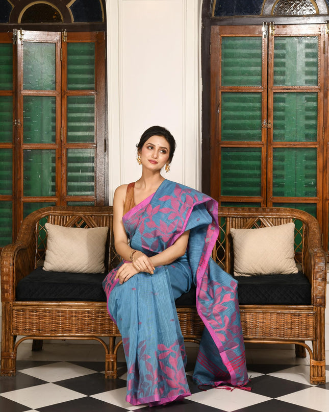 dB DESH BIDESH Women`s Cotton Linen Saree with Unstitched Blouse Piece and Floral Printed Pattern | Women Saree for Special Occasion | Stylish Fancy Cotton Silk Sarees (Sky Blue Saree)