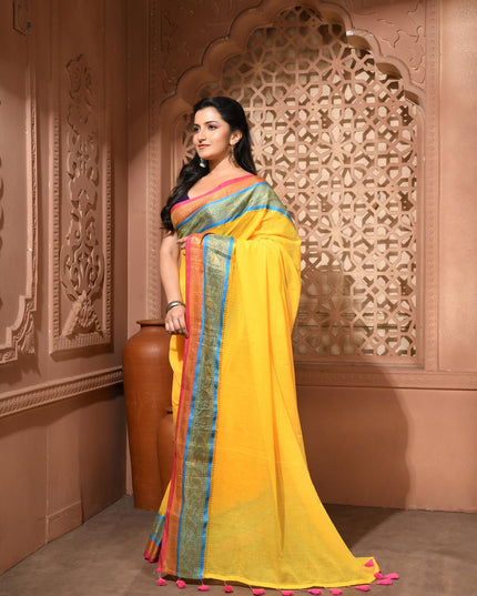 dB DESH BIDESH Women's Kanjivaram Soft Cotton Linen Silk Saree Rajrani Design Latest, Fancy South India Style Saree With Blouse Piece (Yellow Saree)