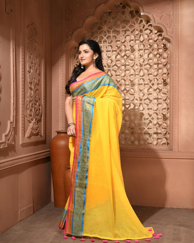 dB DESH BIDESH Women's Kanjivaram Soft Cotton Linen Silk Saree Rajrani Design Latest, Fancy South India Style Saree With Blouse Piece (Yellow Saree)