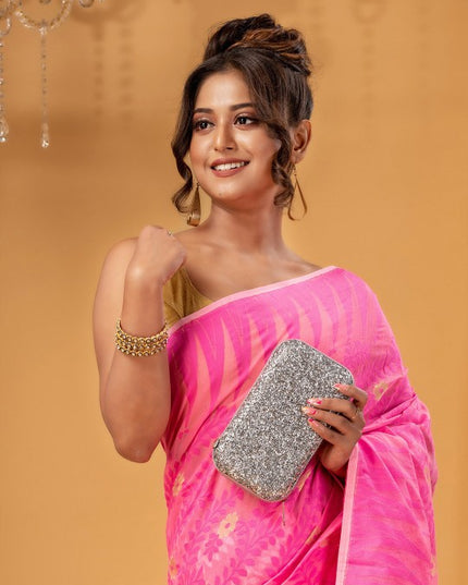 Exquisite Pink Gold-Toned Pure Cotton Jamdani Saree with Ethnic Woven Motifs