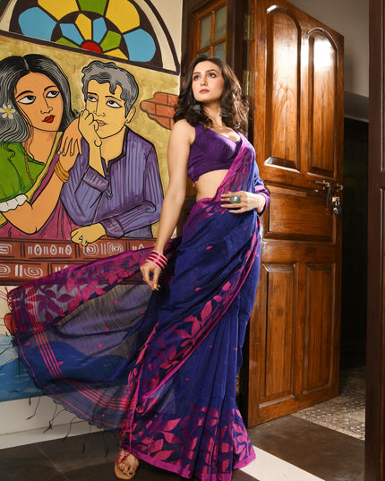 dB DESH BIDESH Women`s Cotton Linen Saree with Unstitched Blouse Piece and Floral Printed Pattern | Women Saree for Special Occasion | Stylish Fancy Cotton Silk Sarees (Blue Saree)