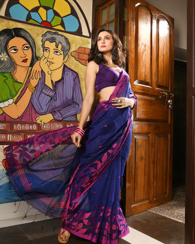 dB DESH BIDESH Women`s Cotton Linen Saree with Unstitched Blouse Piece and Floral Printed Pattern | Women Saree for Special Occasion | Stylish Fancy Cotton Silk Sarees (Blue Saree)