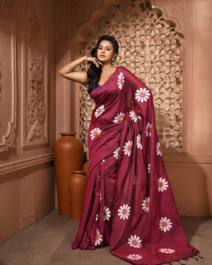 dB DESH BIDESH Women`s Mul Cotton Sarees Soft Fancy Phoolpari Latest, Design Party, Wear Cotton New Linen Saree For Woman With Blouse Piece (Wine)