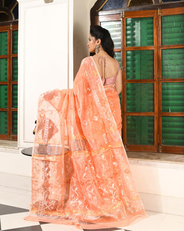 dB DESH BIDESH Women's Soft Cotton Silk Jamdani Sarees For Women for Party, Wear Linen Silk Saree Zarikatha Design Cotton saree for woman Without Blouse piece (Peach Orange)