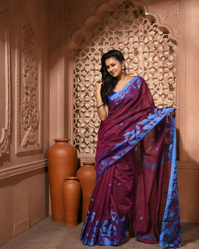 dB DESH BIDESH Women`s Cotton Linen Saree with Unstitched Blouse Piece and Floral Printed Pattern | Women Saree for Special Occasion | Stylish Fancy Cotton Silk Sarees (Wine Red)