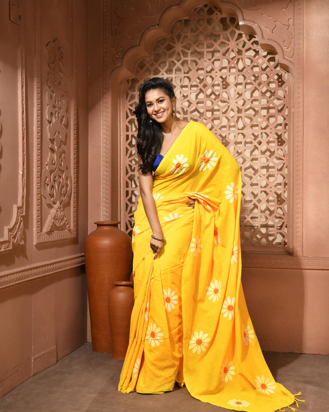 dB DESH BIDESH Women`s Mul Cotton Sarees Soft Fancy Phoolpari Latest, Design Party, Wear Cotton New Linen Saree For Woman With Blouse Piece (Yellow)