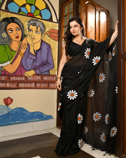 dB DESH BIDESH Women`s Mul Cotton Sarees Soft Fancy Phoolpari Latest, Design Party, Wear Cotton New Linen Saree For Woman With Blouse Piece (Black)