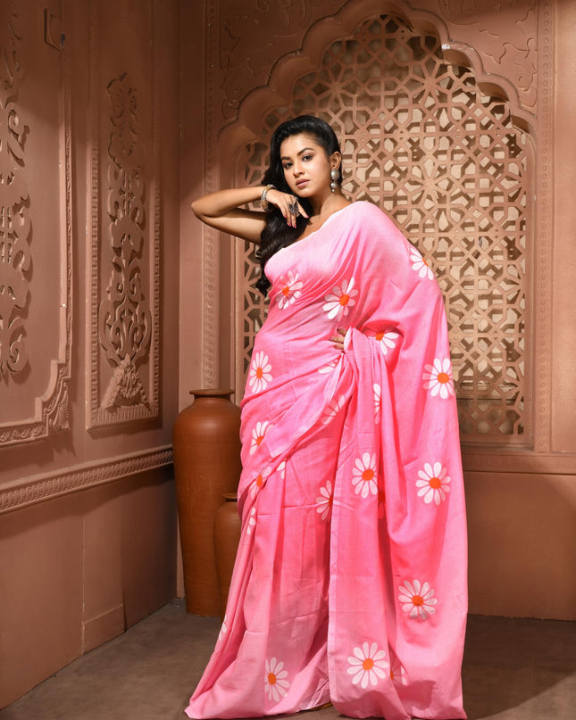 dB DESH BIDESH Women`s Mul Cotton Sarees Soft Fancy Phoolpari Latest, Design Party, Wear Cotton New Linen Saree For Woman With Blouse Piece (Baby Pink)