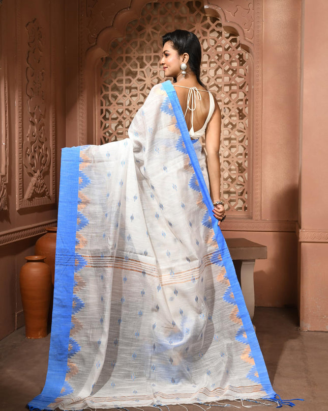 dB DESH BIDESH Women`s Cotton Silk Saree For Woman Pahar Pallav Design New Soft Kalyani Cotton Saree with Zari Border Tassels & Blouse Piece (White Blue)