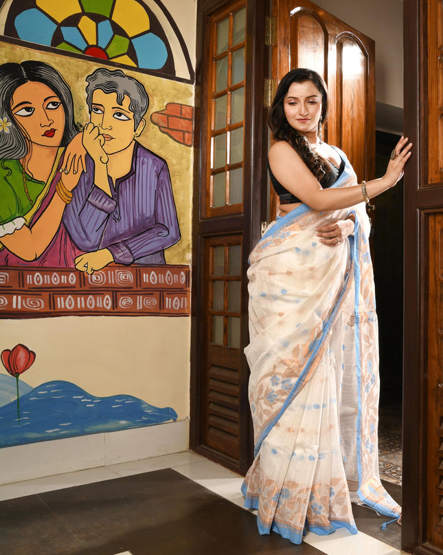 dB DESH BIDESH Women`s Cotton Silk Saree with Gold Zari Floral Woven Svarna Lata Design Soft Modal Silk Women Saree With Blouse Piece | Sari for women (White)