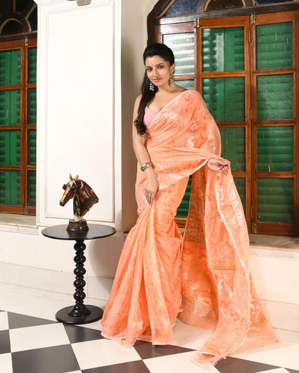 dB DESH BIDESH Women's Soft Cotton Silk Jamdani Sarees For Women for Party, Wear Linen Silk Saree Zarikatha Design Cotton saree for woman Without Blouse piece (Peach Orange)
