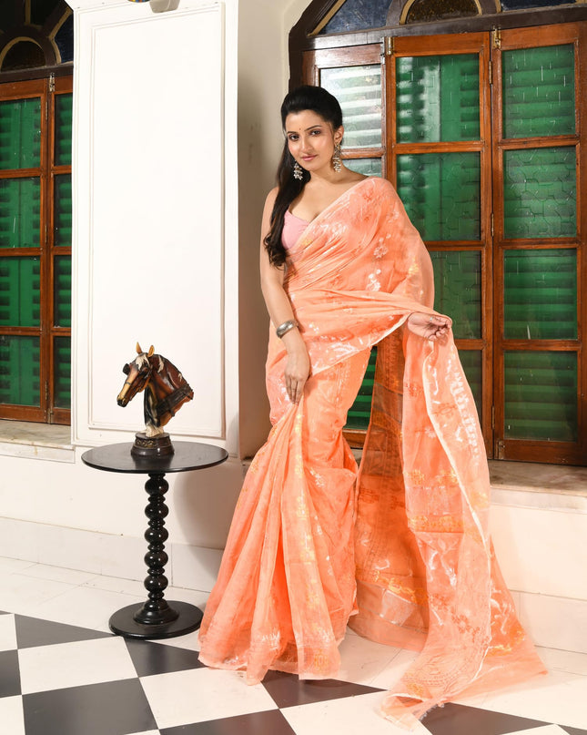 dB DESH BIDESH Women's Soft Cotton Silk Jamdani Sarees For Women for Party, Wear Linen Silk Saree Zarikatha Design Cotton saree for woman Without Blouse piece (Peach Orange)