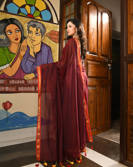 dB DESH BIDESH Women`s Mul Cotton Sarees Soft Zari Fancy Roshni Latest, Design Party, Wear Cotton Silk Saree For Woman With Blouse Piece (Canberry Red Golden)