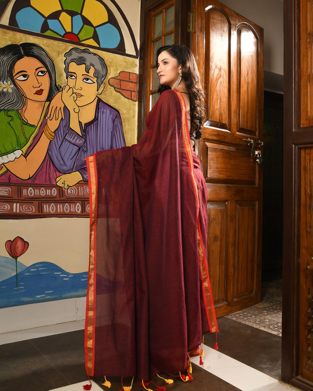 dB DESH BIDESH Women`s Mul Cotton Sarees Soft Zari Fancy Roshni Latest, Design Party, Wear Cotton Silk Saree For Woman With Blouse Piece (Canberry Red Golden)