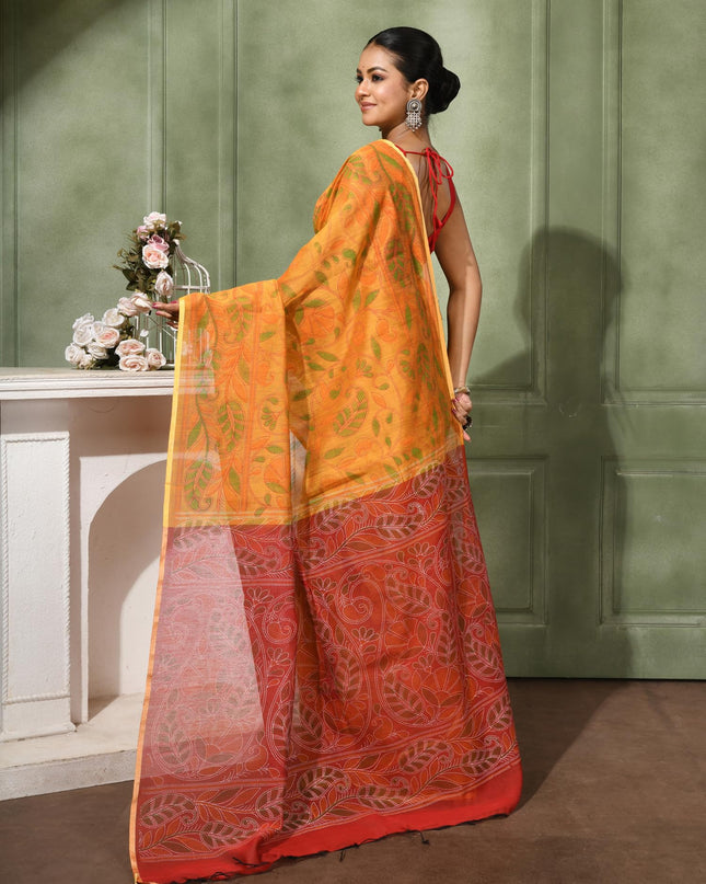 dB DESH BIDESH Women`s Cotton Saree For Woman Nakshakata Leaf kolka Embroidery Printed Trendy Soft Cotton Silk Women Sarees with Blouse Piece (YELLOW RED)