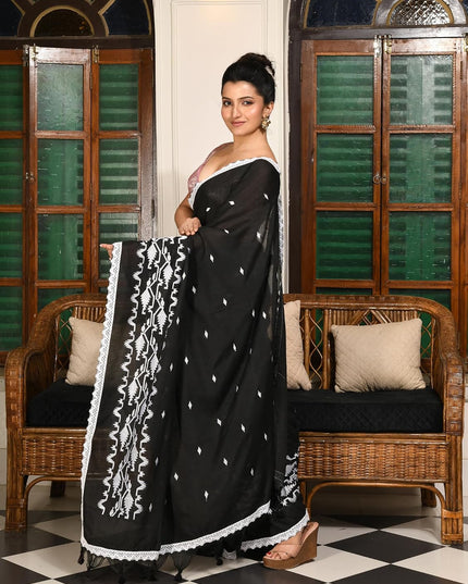 dB DESH BIDESH Women`s Cotton Saree For Woman Pallavika Embroidery Saree Design Soft Cotton Silk Fancy Lace Border Saree with Blouse